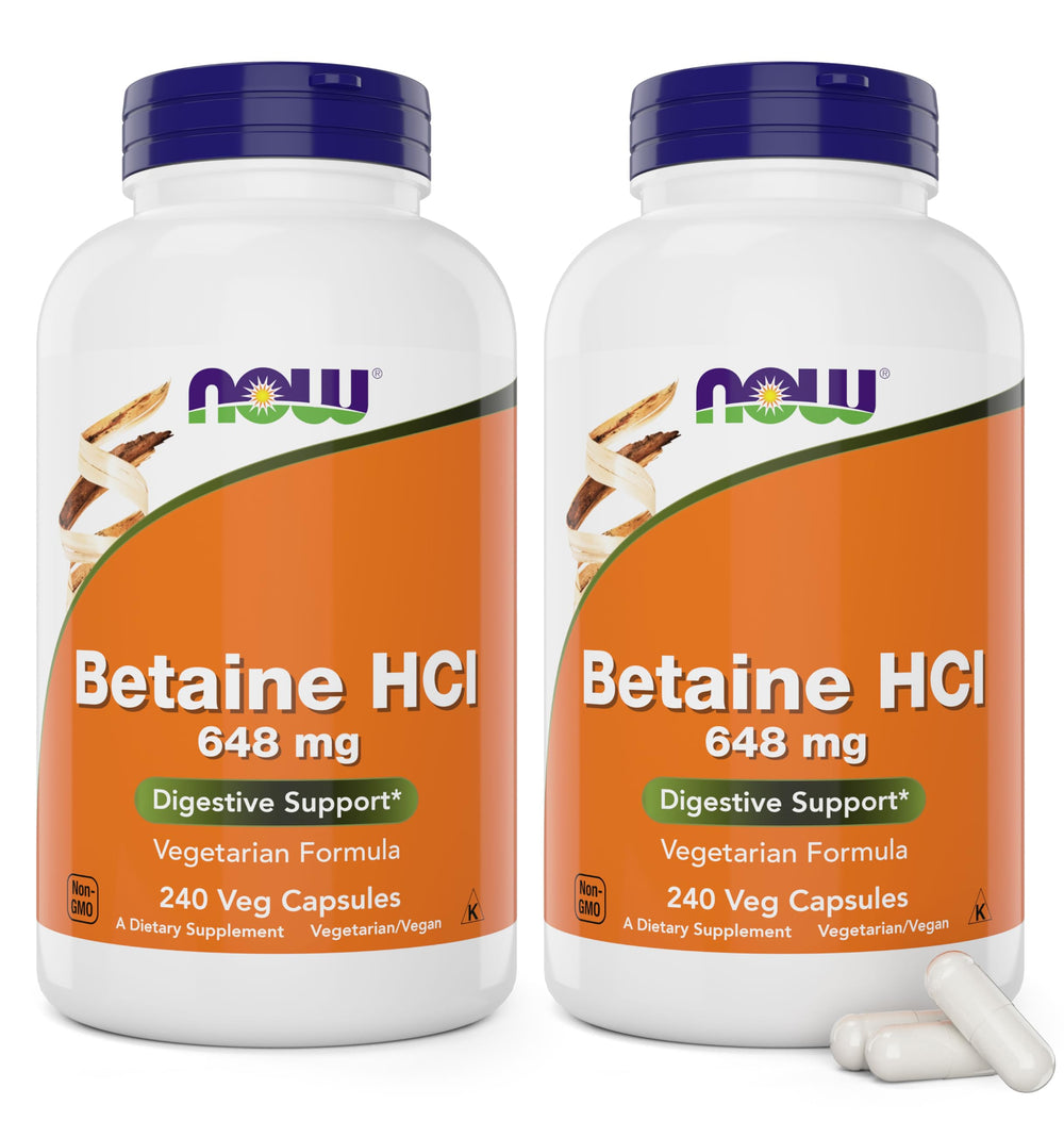 NOW Betaine HCl 648 mg vegetarian capsules bottle label