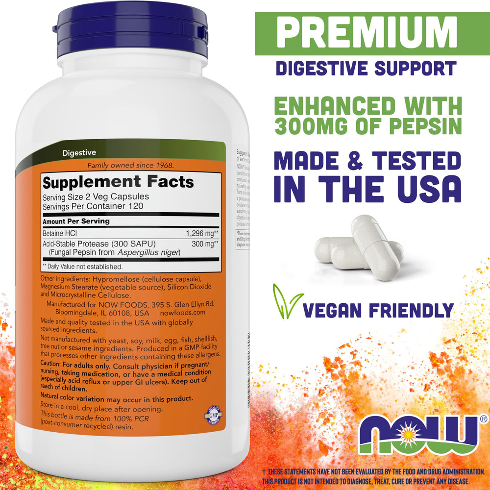 Close-up of NOW Betaine HCl 648 mg capsules