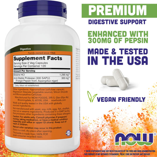 Close-up of NOW Betaine HCl 648 mg capsules