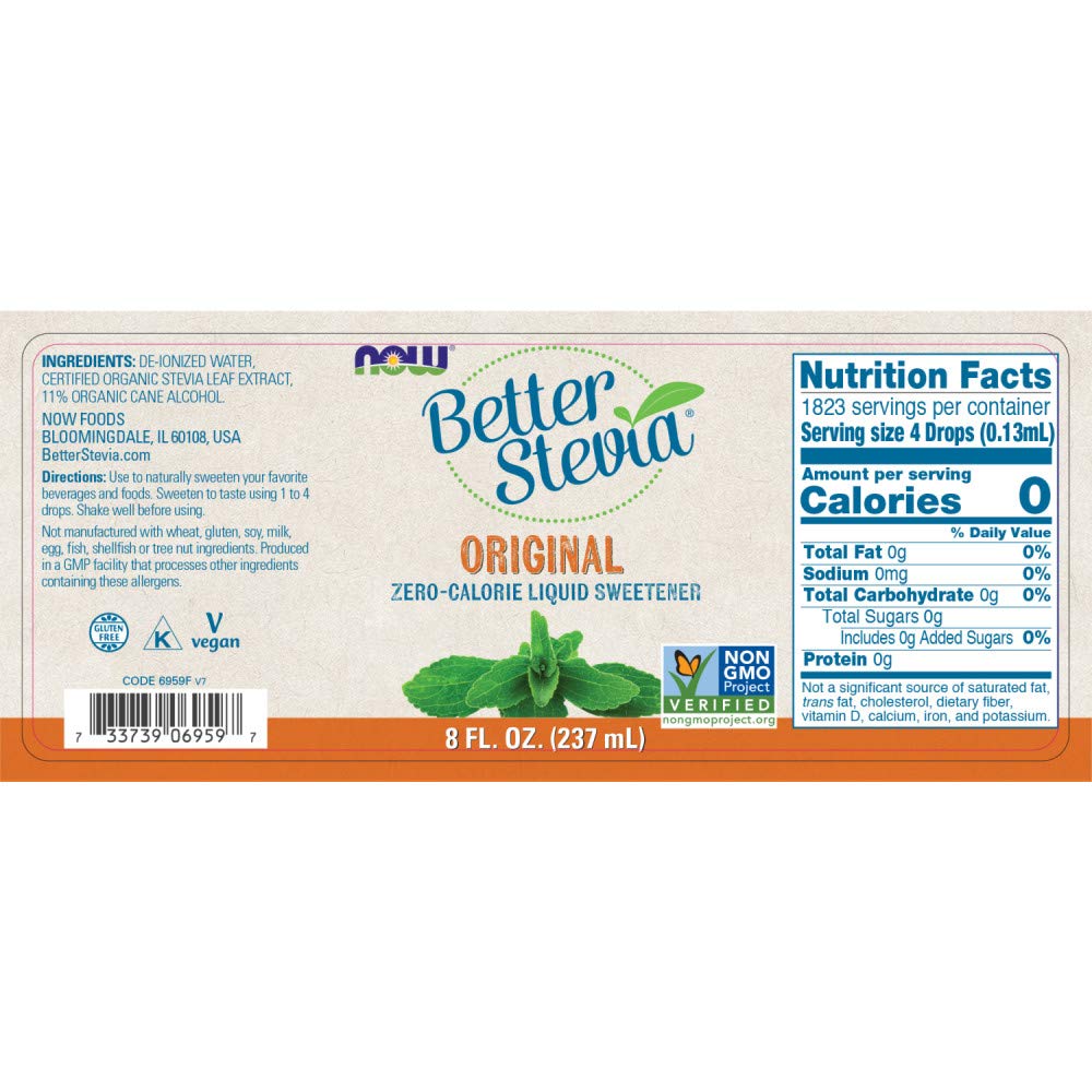 Two 8-ounce NOW BetterStevia Original Liquid Extract bottles and packaging