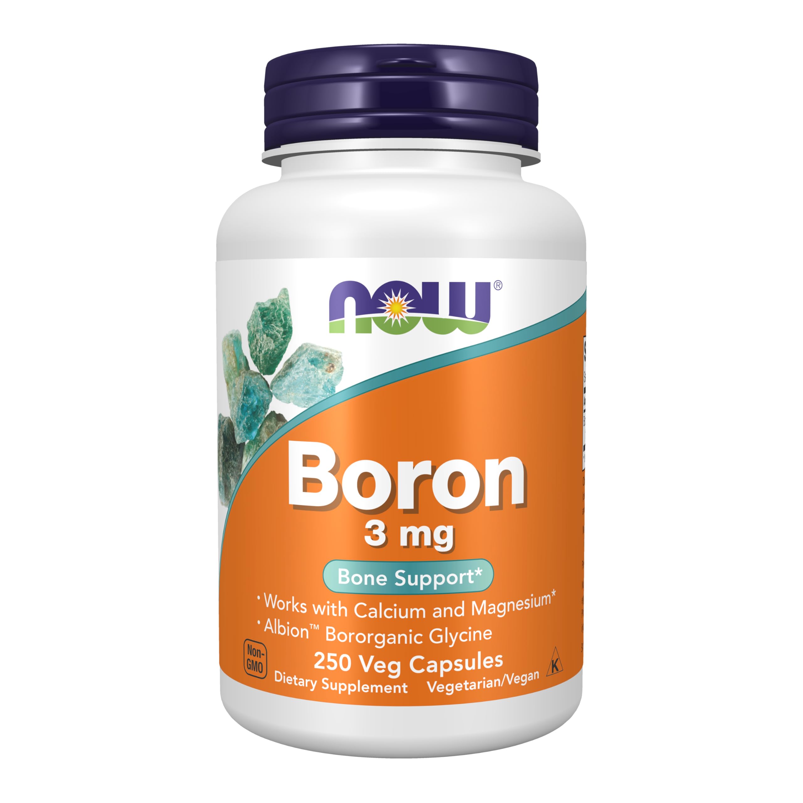 NOW Boron 3 mg Bororganic Glycine capsule for structural support, 250 vegan capsules