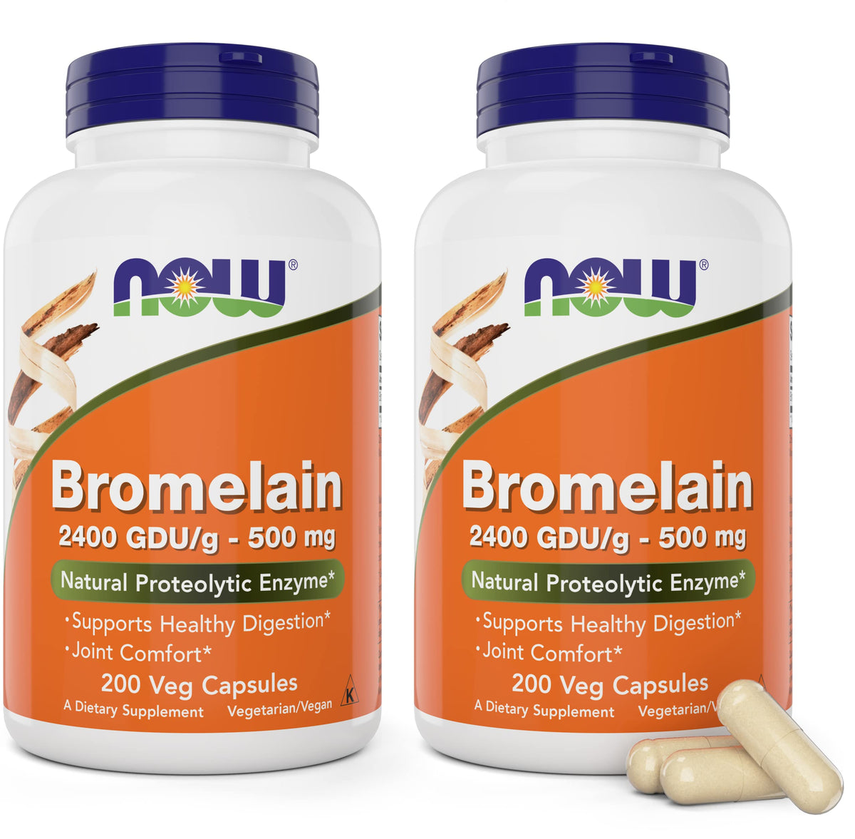 NOW Bromelain 500 mg bottle with 2 packs of 200 vegan capsules