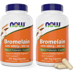 NOW Bromelain 500 mg bottle with 2 packs of 200 vegan capsules