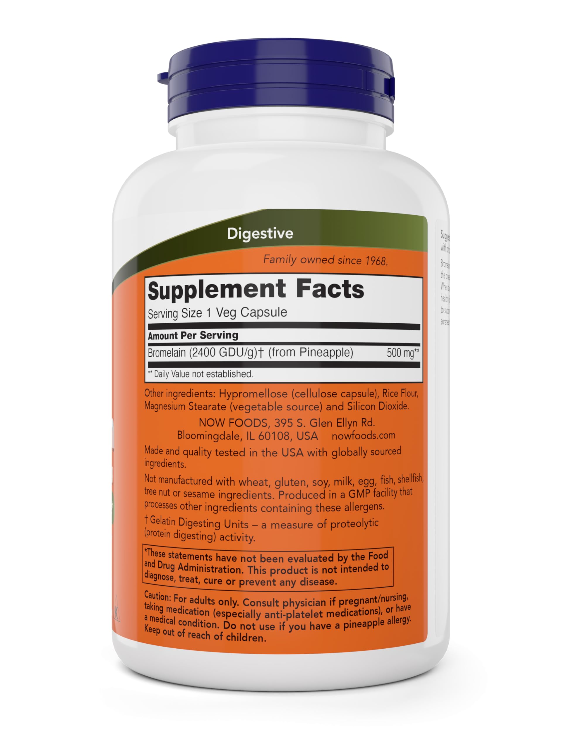 NOW Bromelain 500 mg label showing 2400 GDU/g