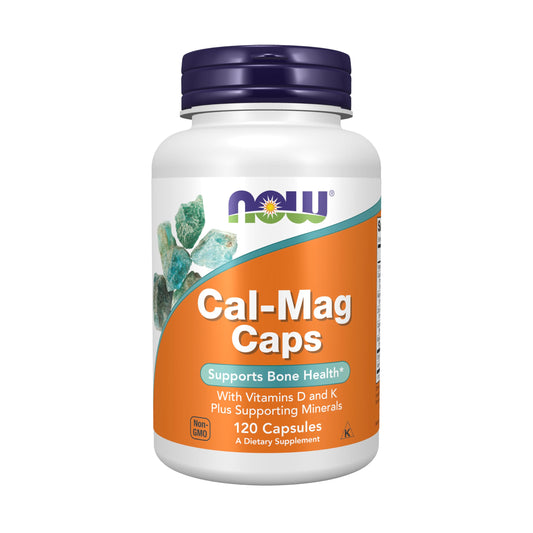 NOW Cal-Mag Caps bottle with label highlighting calcium, magnesium, zinc, copper, manganese and vitamin D