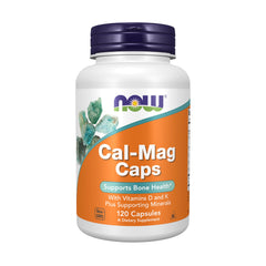 NOW Cal-Mag Caps bottle with label highlighting calcium, magnesium, zinc, copper, manganese and vitamin D