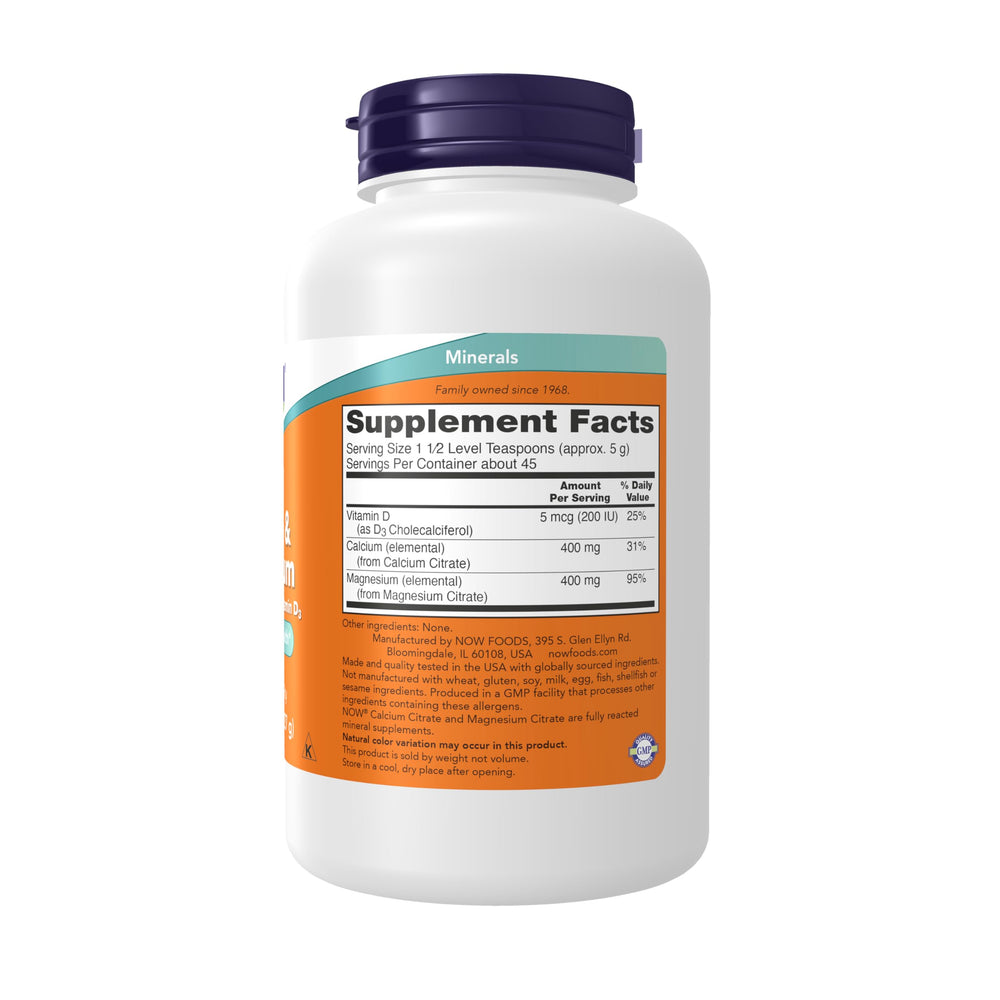 NOW Foods Calcium & Magnesium Citrate Powder with Vitamin D3 8 oz label