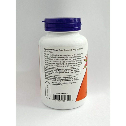 Label detail of NOW Choline and Inositol 500mg bottle