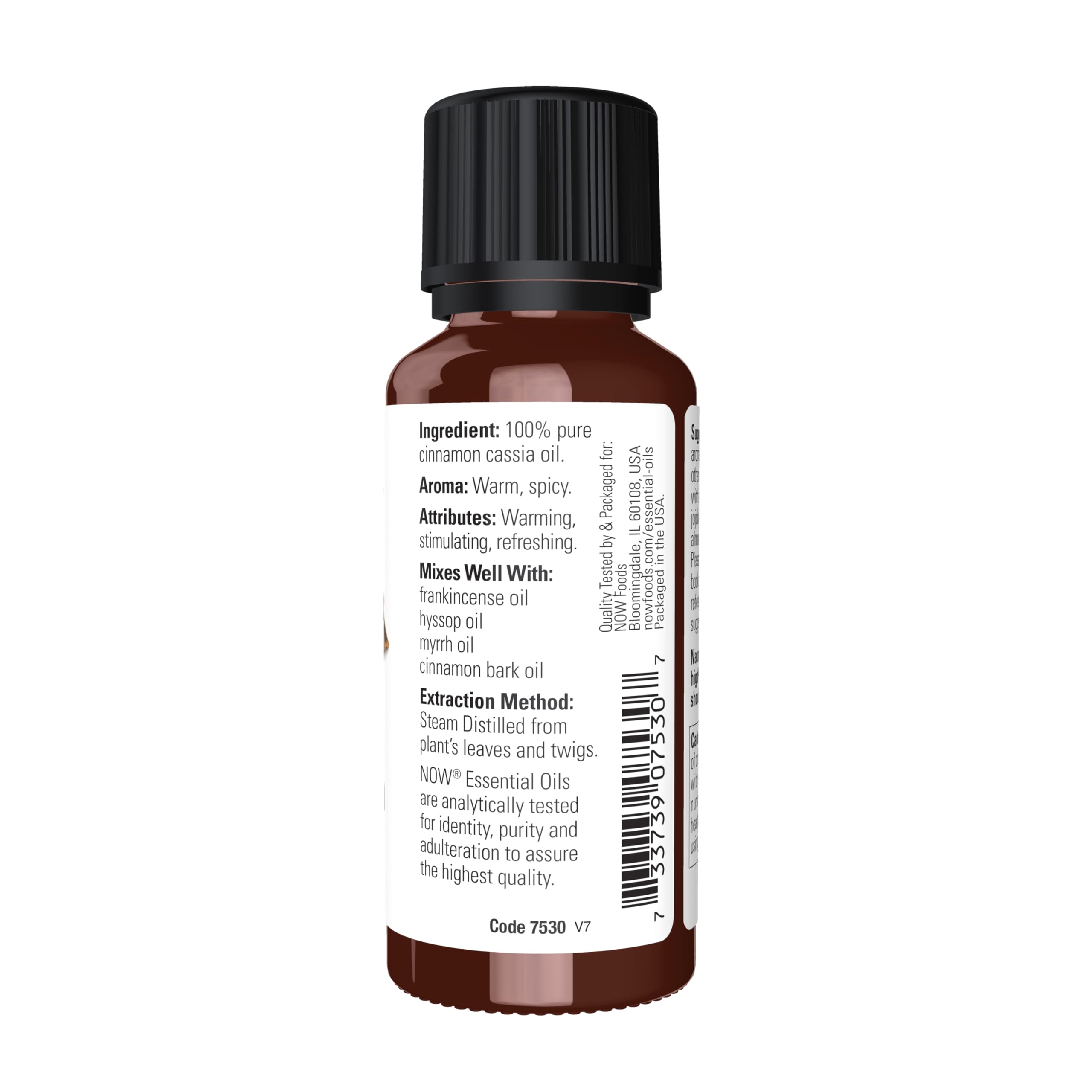 Close-up of NOW Cinnamon Cassia oil bottle label