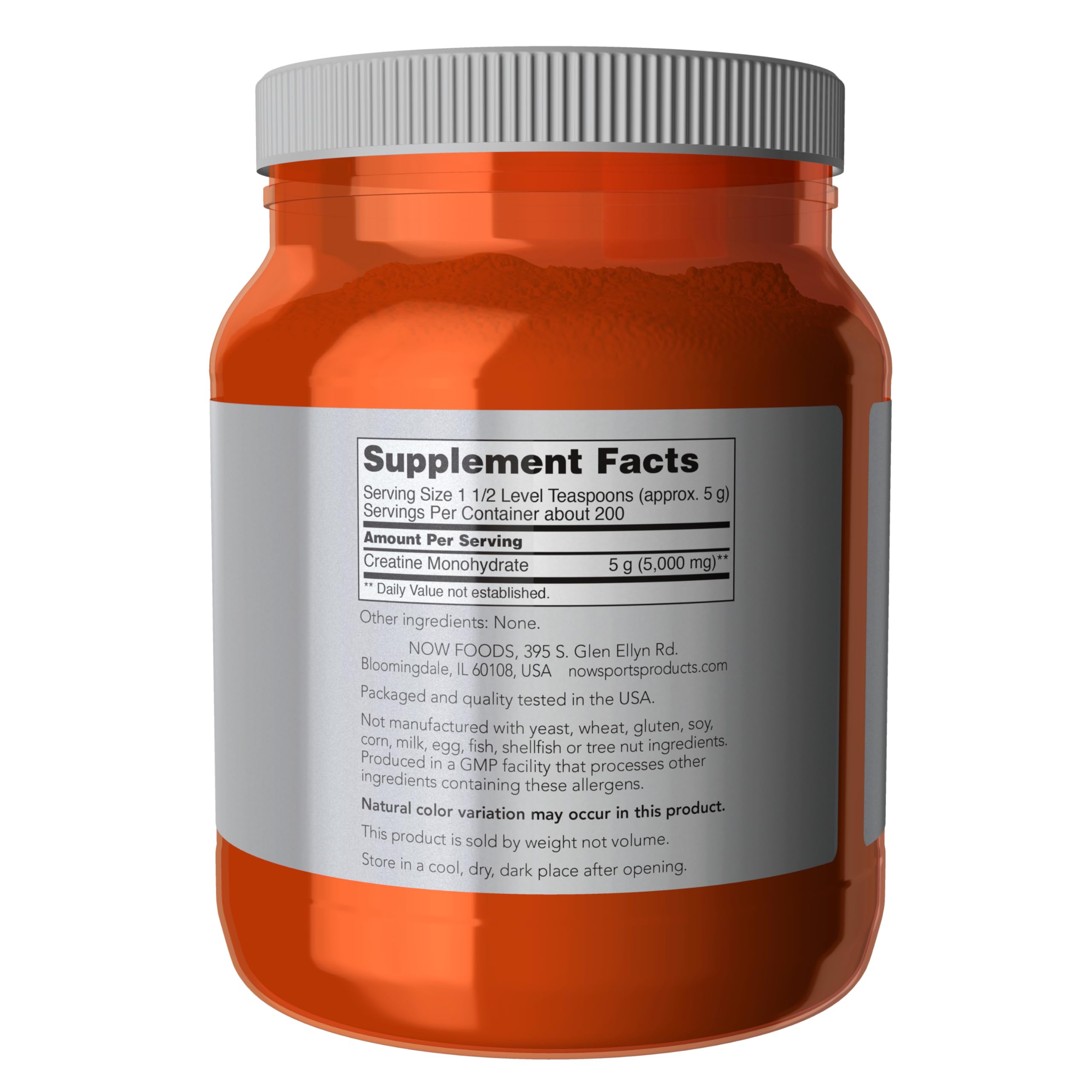 Close-up of NOW Creatine Monohydrate powder label