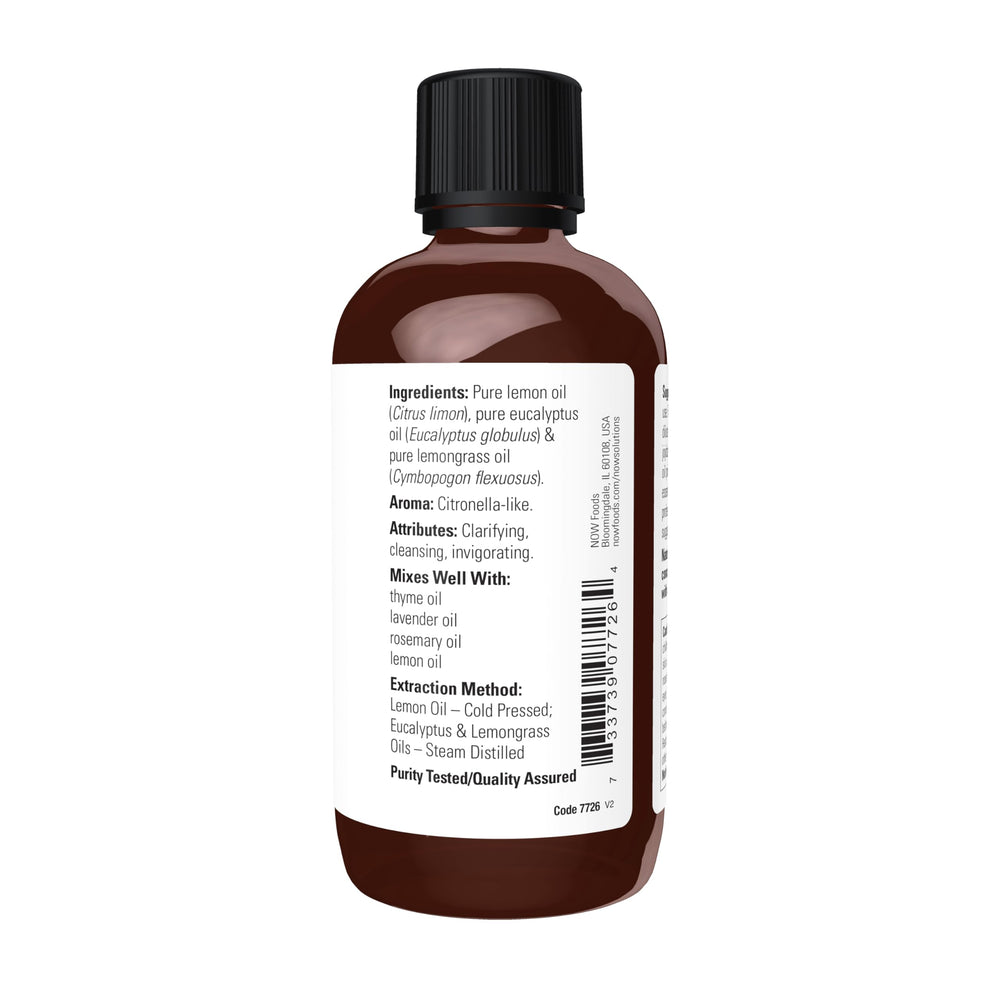 Close-up of NOW Lemon & Eucalyptus Oil Blend bottle label