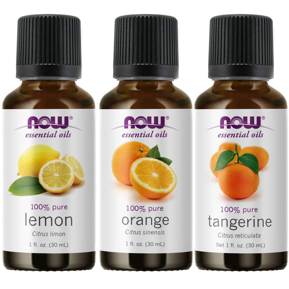 Now Foods Citrus essential oils set: orange, tangerine, and lemon bottles