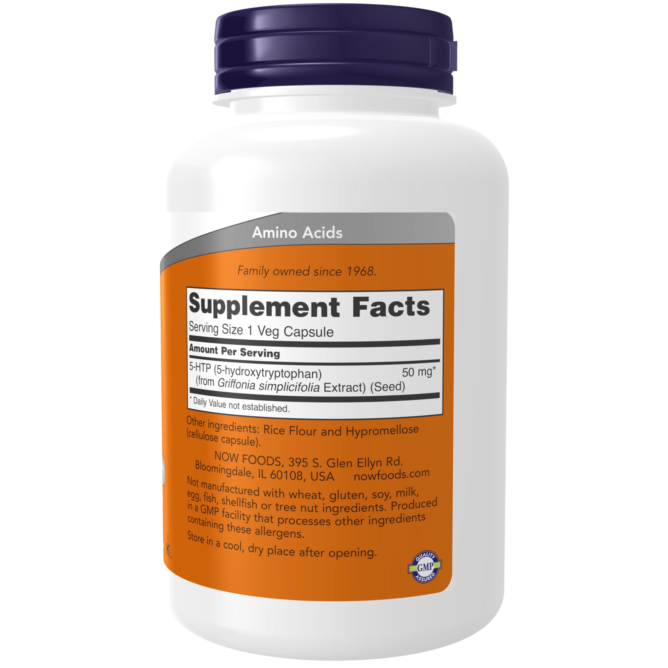 Close-up of NOW Foods 5-HTP 50 mg capsules