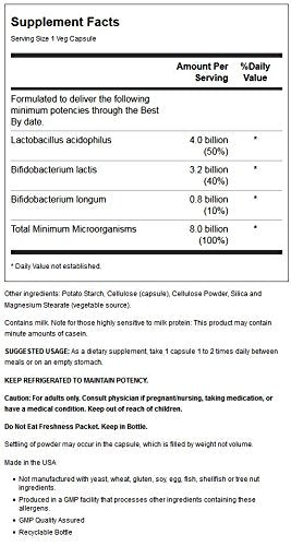 Label close-up showing 8 Billion CFU acidophilus & bifidus in Now Foods probiotic
