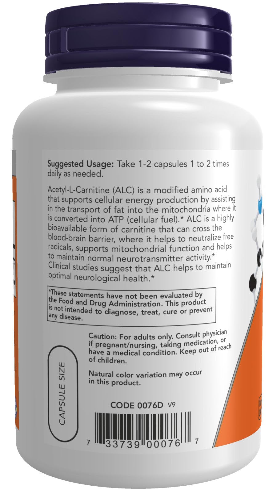 Supplement facts and bottle packaging for Now Foods Acetyl L-Carnitine 500 mg - 100 capsules