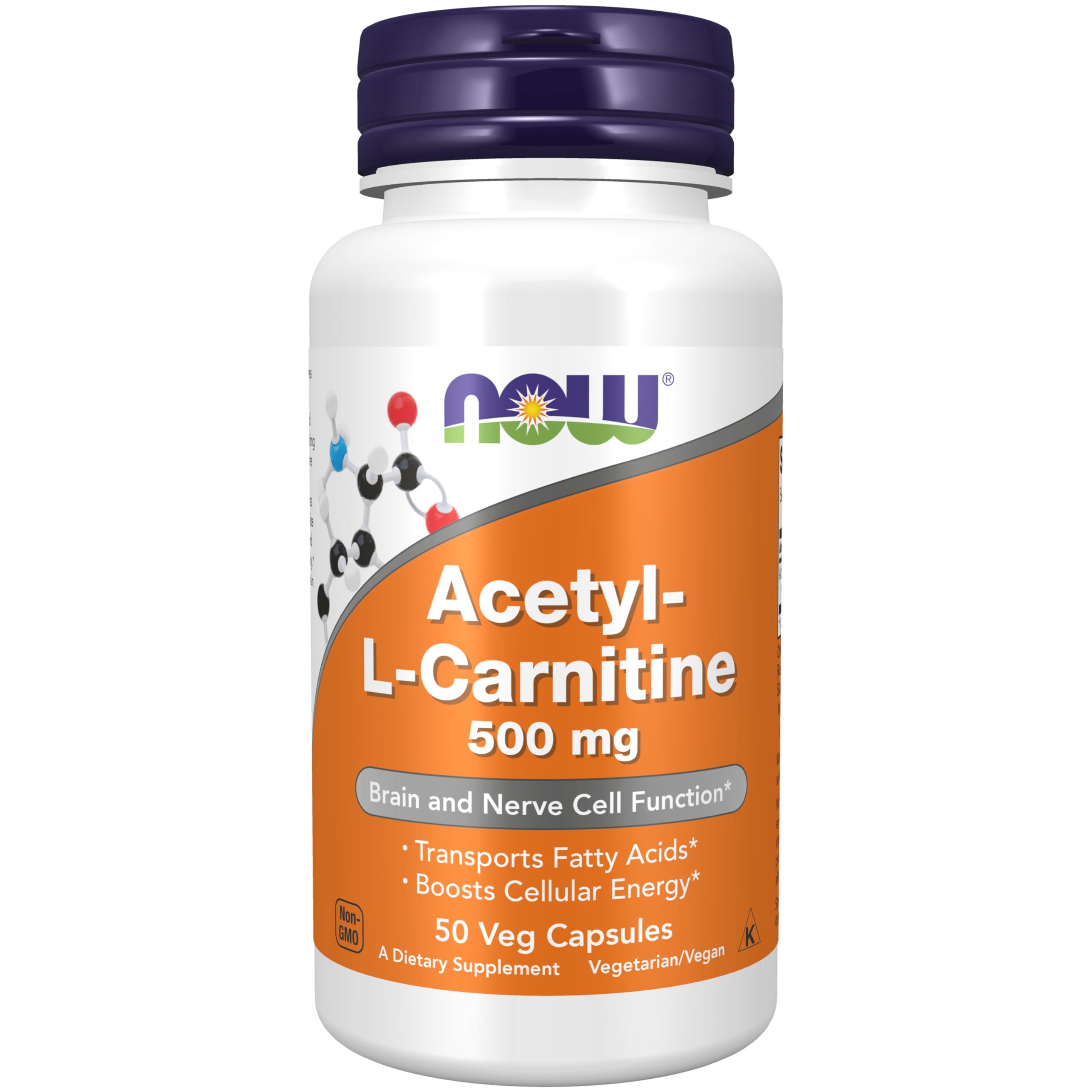 NOW Foods Acetyl-L-Carnitine 500 mg veg capsules bottle front view