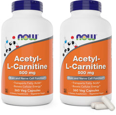 NOW Foods Acetyl L-Carnitine 500mg 2-Pack bottle and 720 capsules