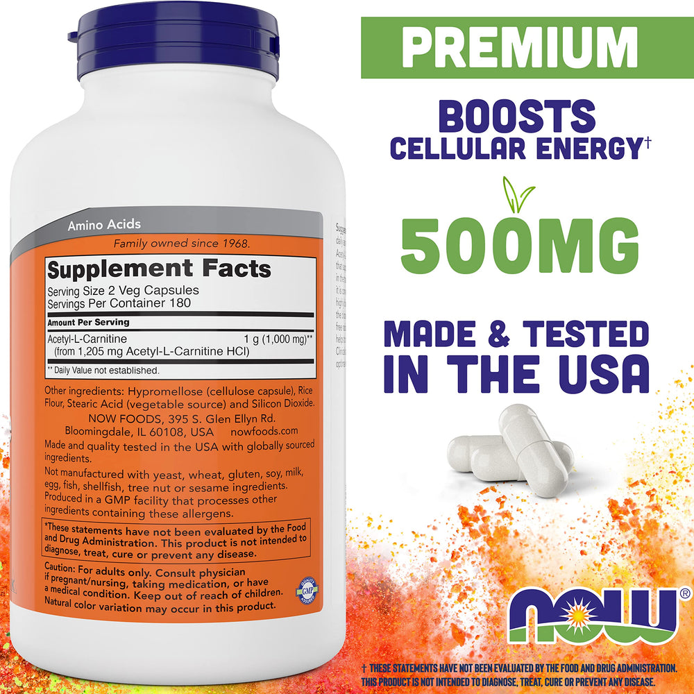 Close-up of Now Foods Acetyl L-Carnitine 500mg capsules in bottle