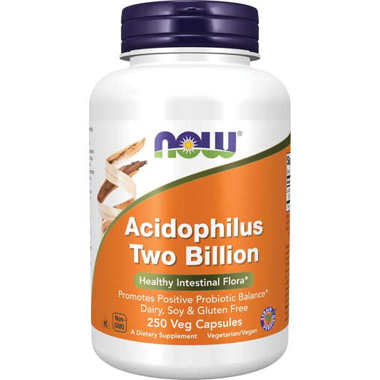 Bottle of Now Foods Acidophilus 2 Billion 250 Caps probiotic supplement