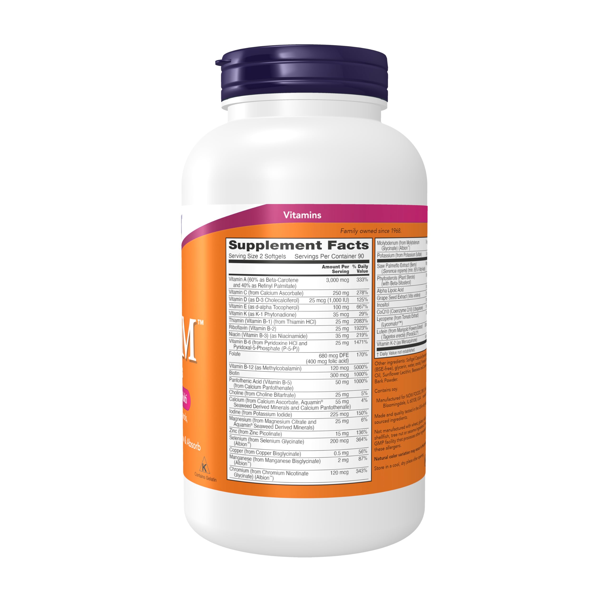 NOW Foods ADAM softgels close-up showing smooth texture for GI comfort.