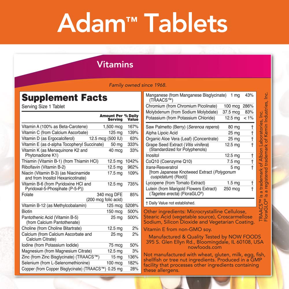 Close-up of Adam multivitamin tablets