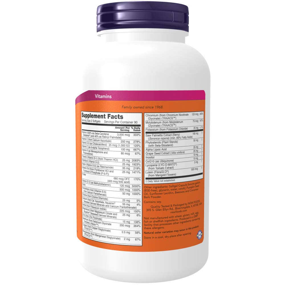 NOW Foods Adam men's multivitamin softgels label shows ingredients and serving size