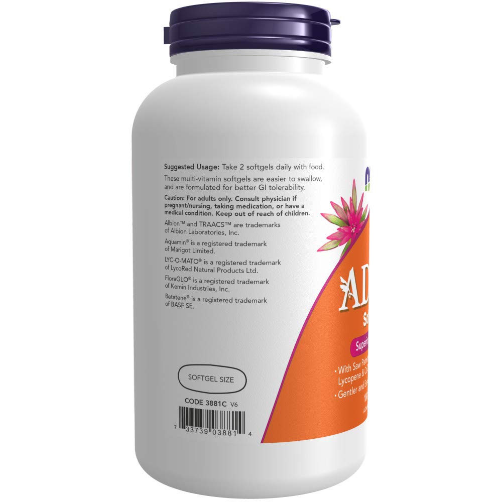 NOW Foods Adam men's multivitamin softgels packaging ready for display and travel