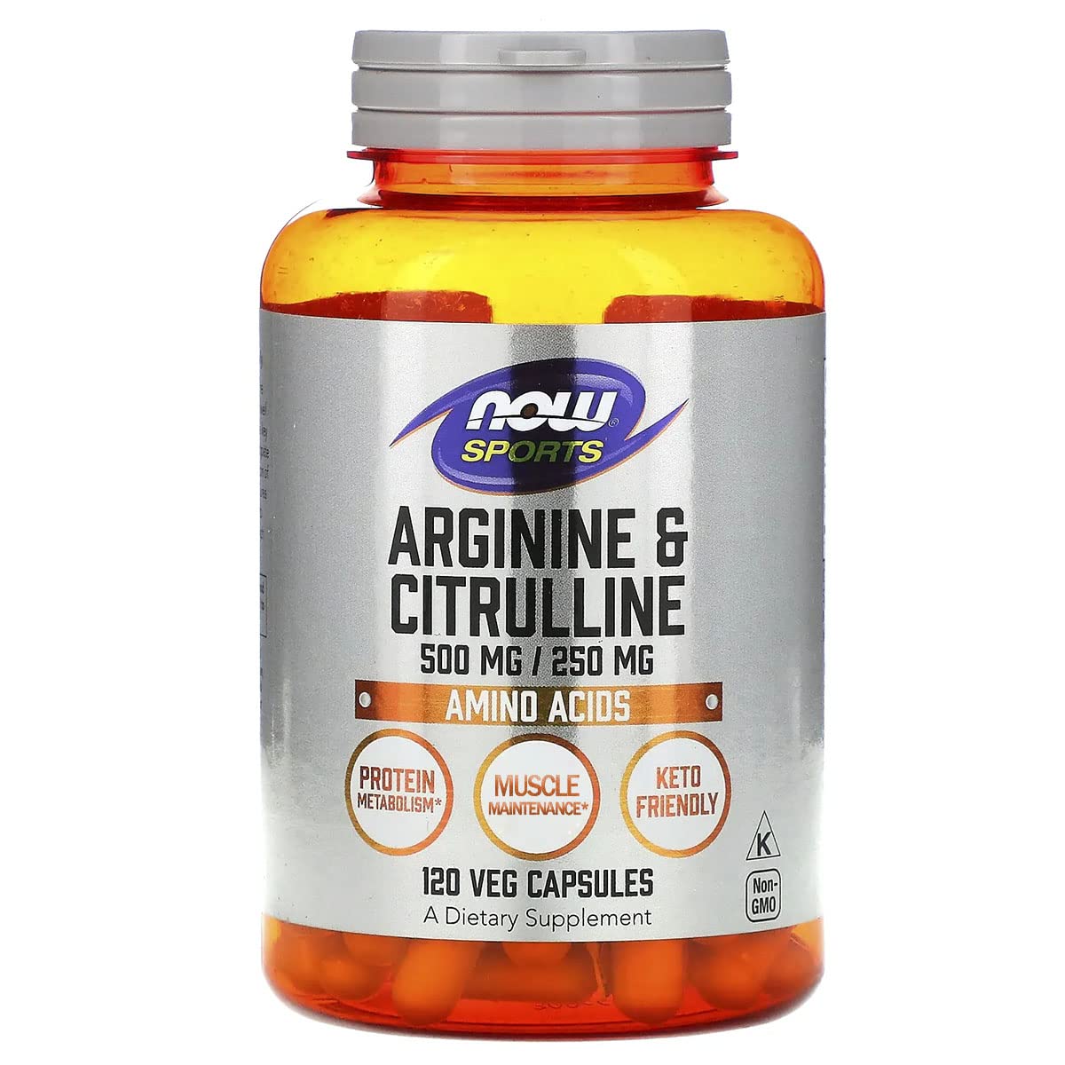 Now Foods Arginine 500mg with Citrulline 250mg bottle label