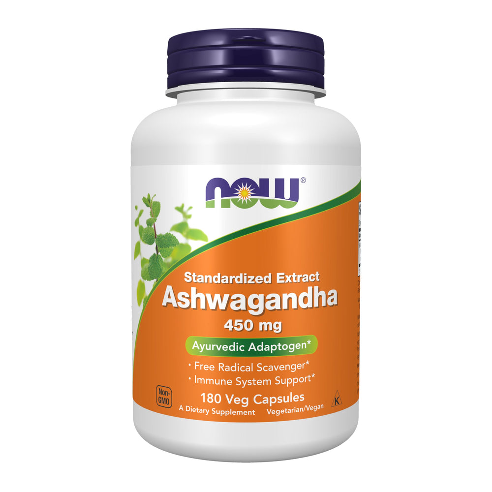 NOW Foods Ashwagandha 450 mg standardized extract bottle (180 vegan capsules)