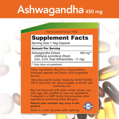Bottle of NOW Foods Ashwagandha 450mg capsules