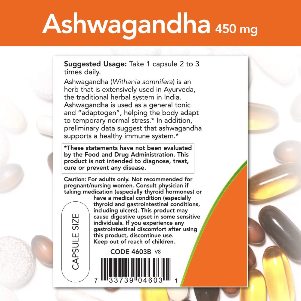 NOW Foods Ashwagandha supplement ingredients label