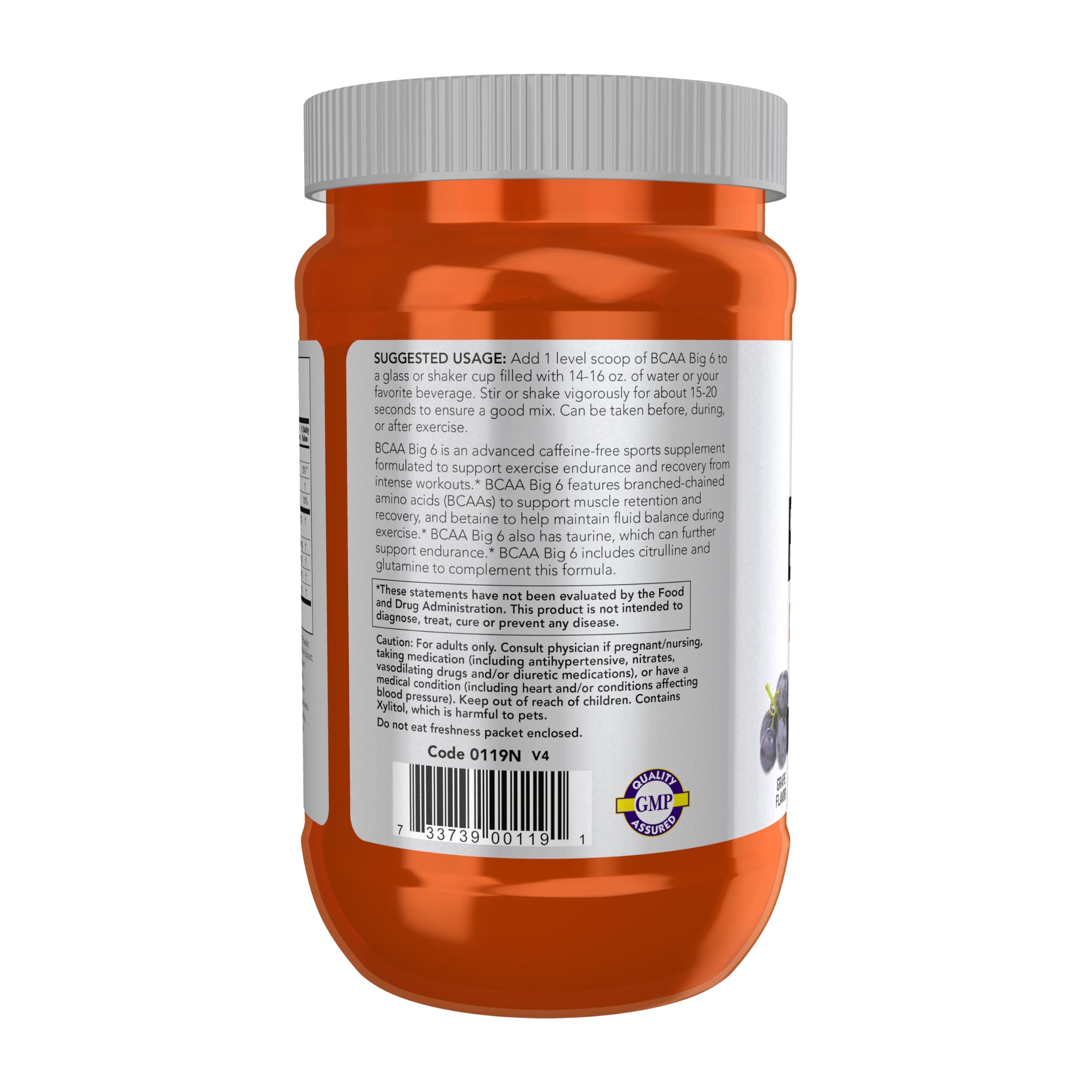 NOW Foods BCAA Big 6 grape flavor 600 g label details