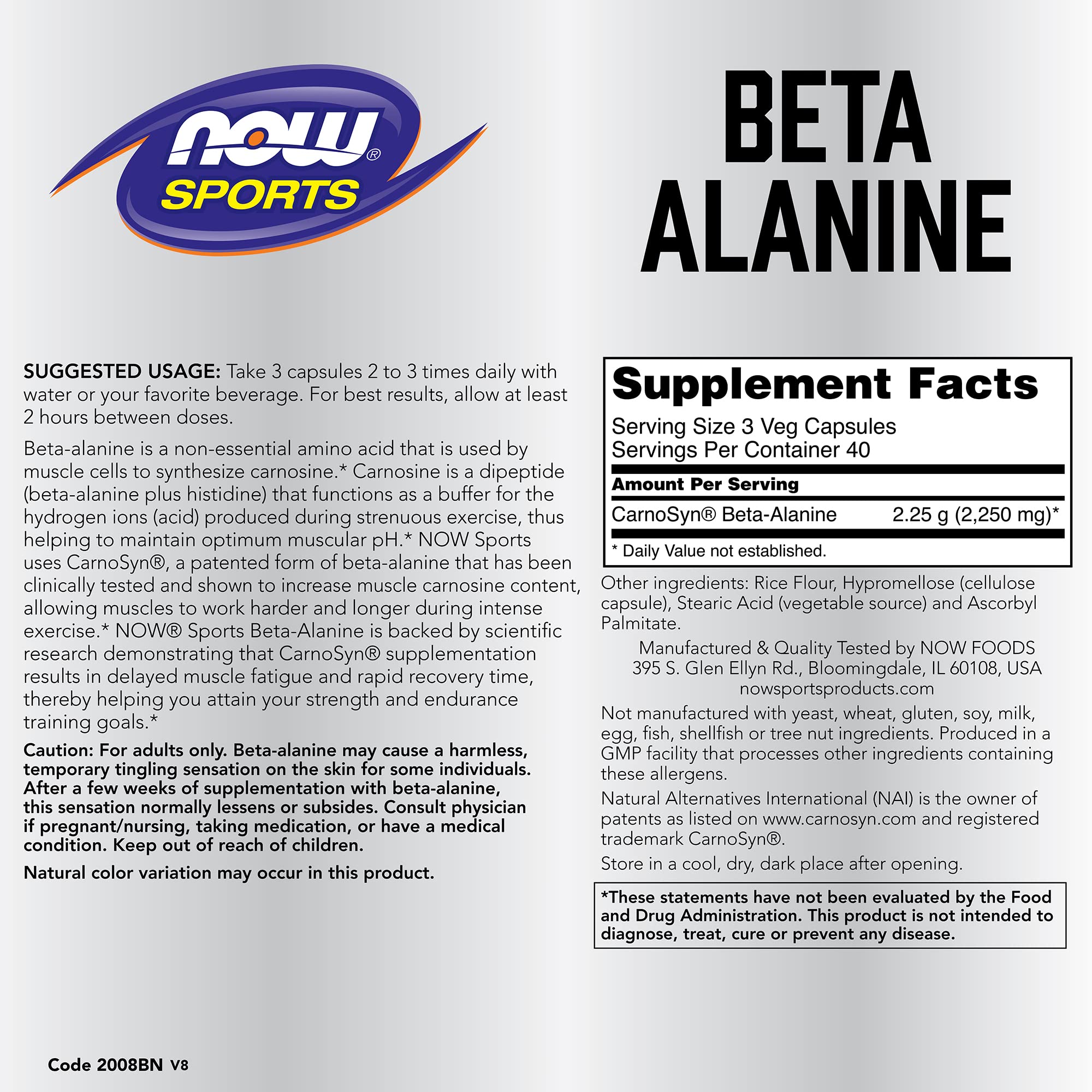 Now Foods Beta-Alanine 120 Capsules Bottle - Pack of 2 (label/back)
