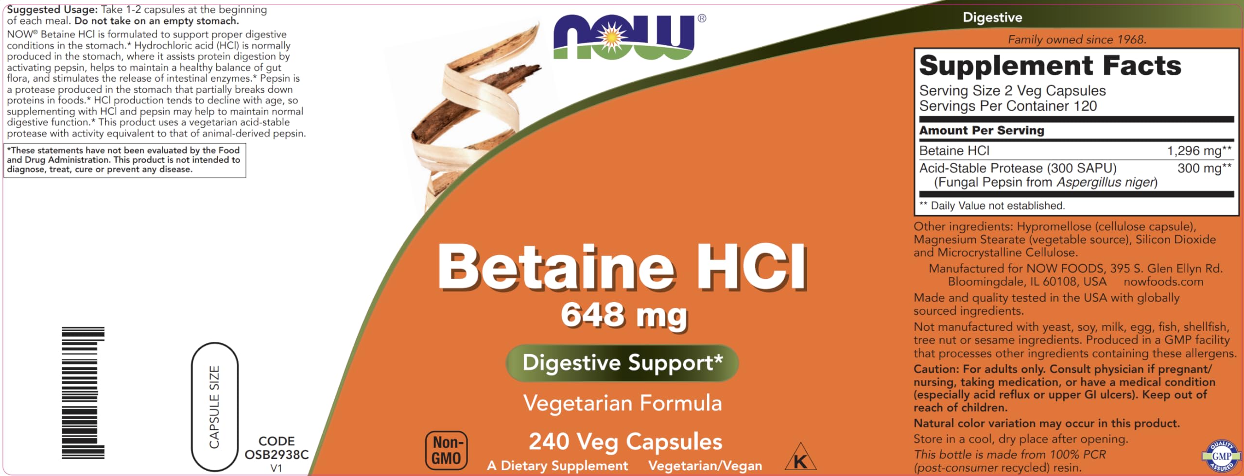 NOW Foods Betaine HCl vegetarian formula shown as vegan digestion aid