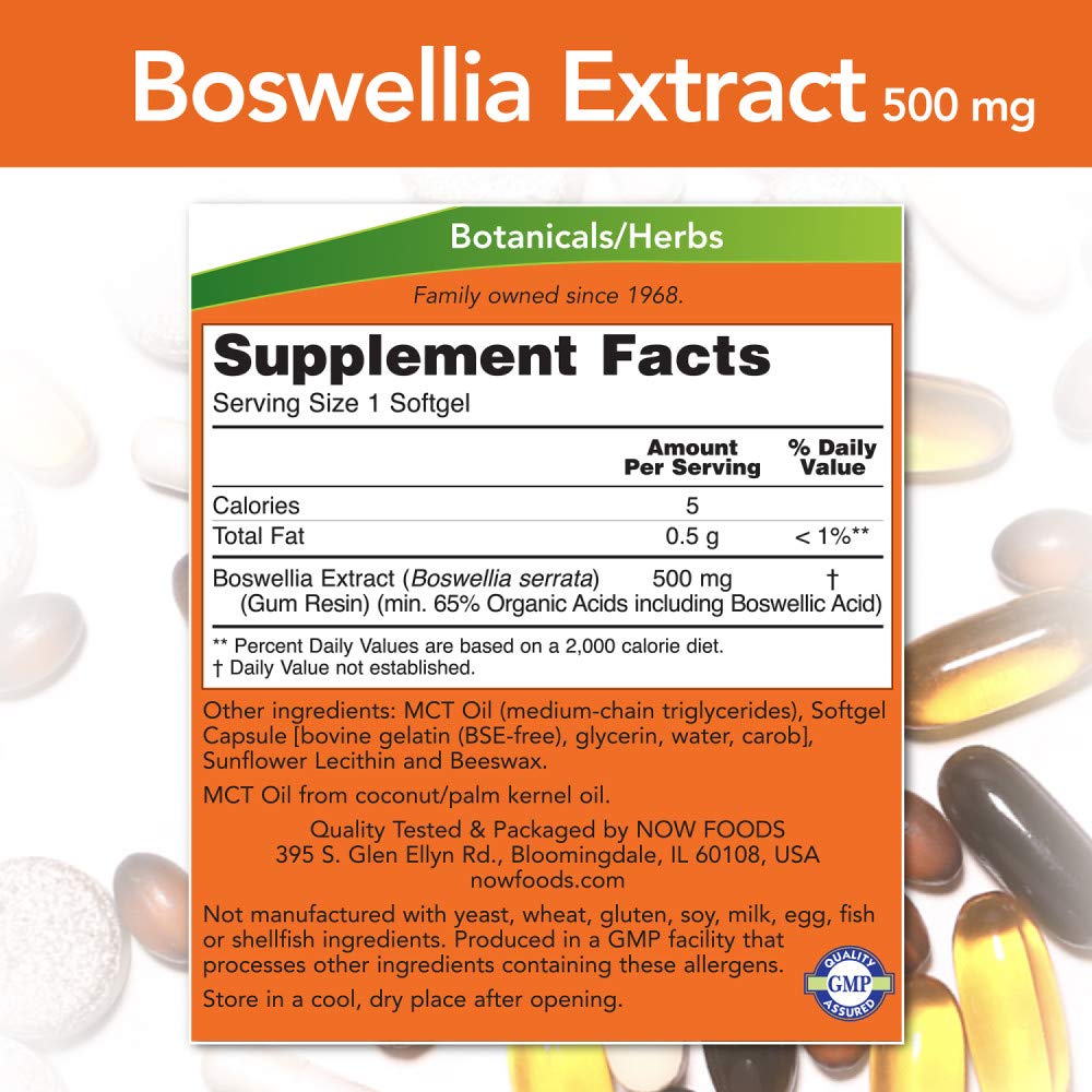 Label of Now Foods Boswellia Extract 500 mg Softgels