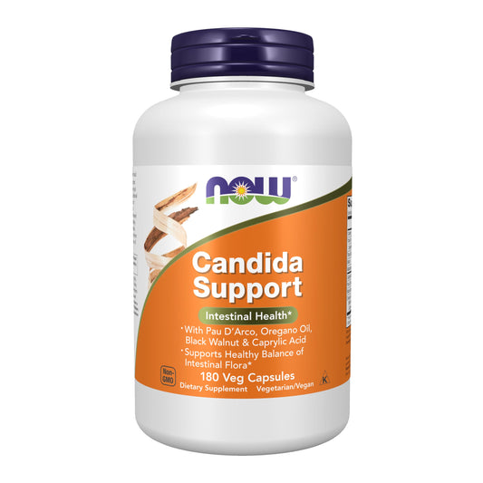 NOW Foods Candida Support bottle label featuring Pau D'Arco and Caprylic Acid