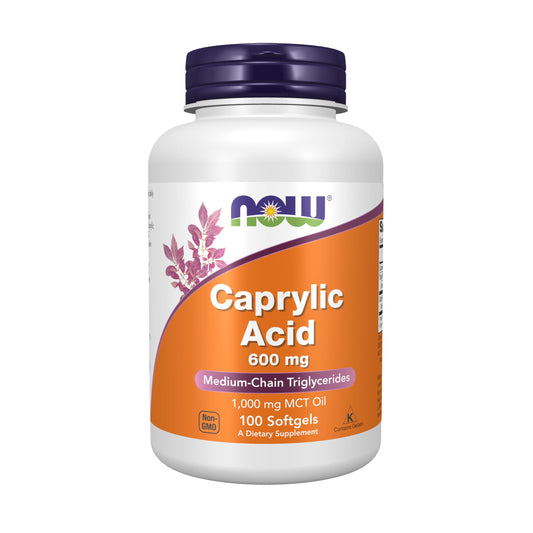 NOW Foods Caprylic Acid 600 mg MCT softgels bottle label