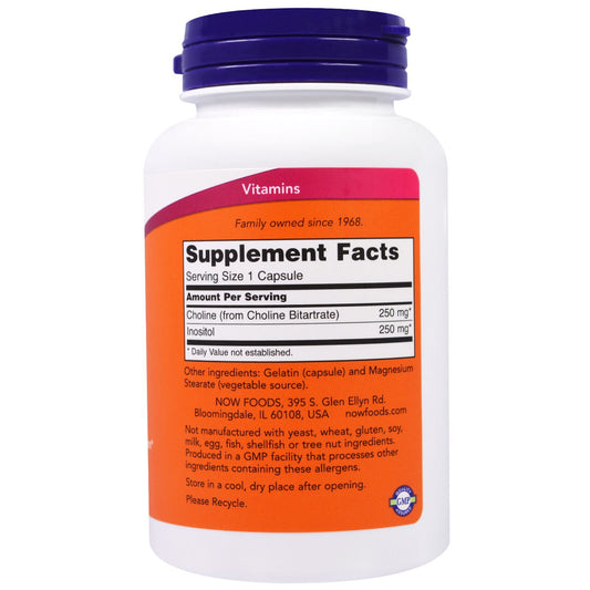 Close-up of Now Foods Choline & Inositol 500 mg 3-pack label