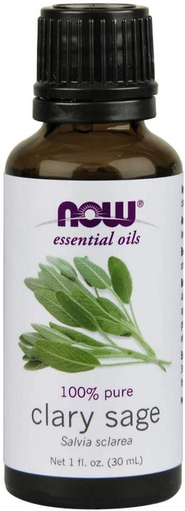 NOW Foods Clary Sage oil bottle shown for relaxing aromatherapy and focus.