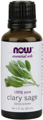 NOW Foods Clary Sage oil bottle shown for relaxing aromatherapy and focus.