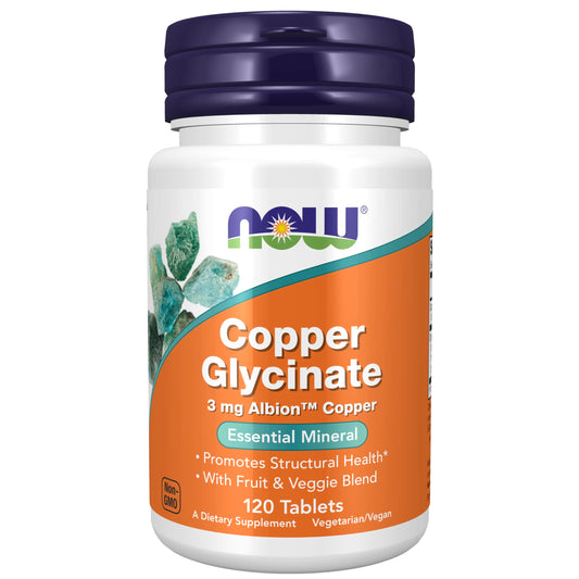 NOW Foods Copper Glycinate bottle with Albion Copper Bisglycinate, 120 tablets, Light Gray/Tan packaging