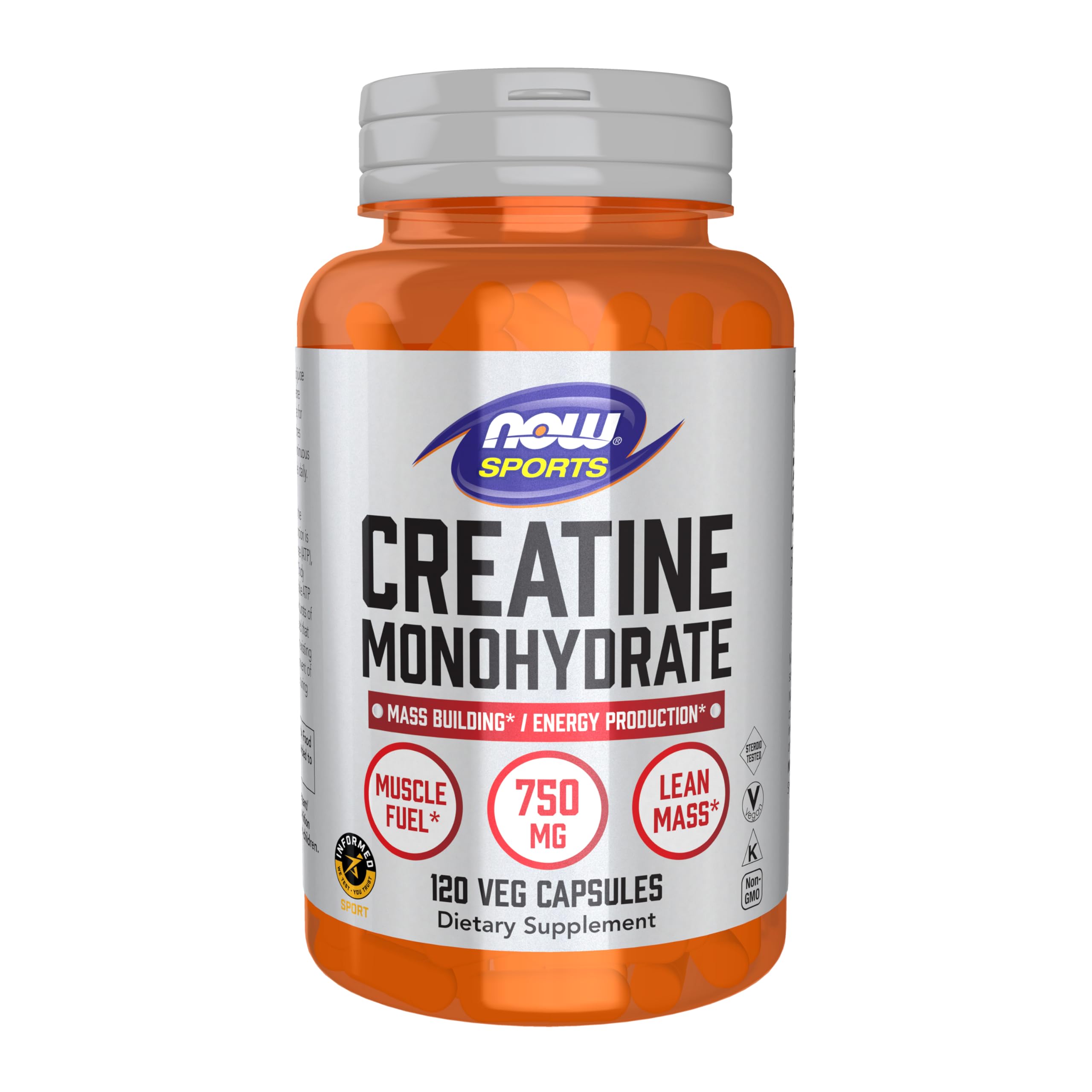 NOW Foods Creatine Monohydrate 750 mg bottle with 120 vegan capsules