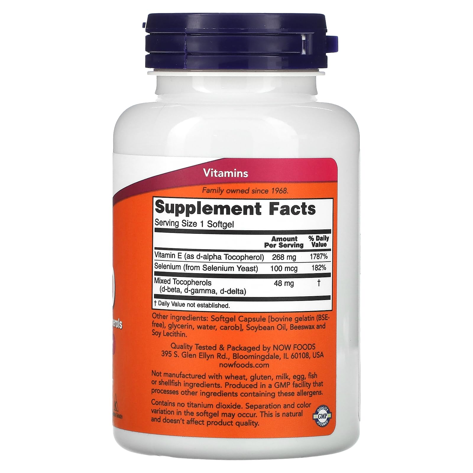 Vitamin E supplement bottle showing E-400 with mixed tocopherols and selenium