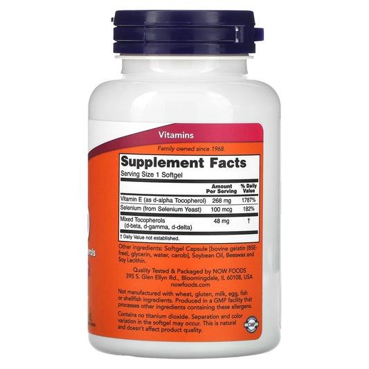 Vitamin E supplement bottle showing E-400 with mixed tocopherols and selenium
