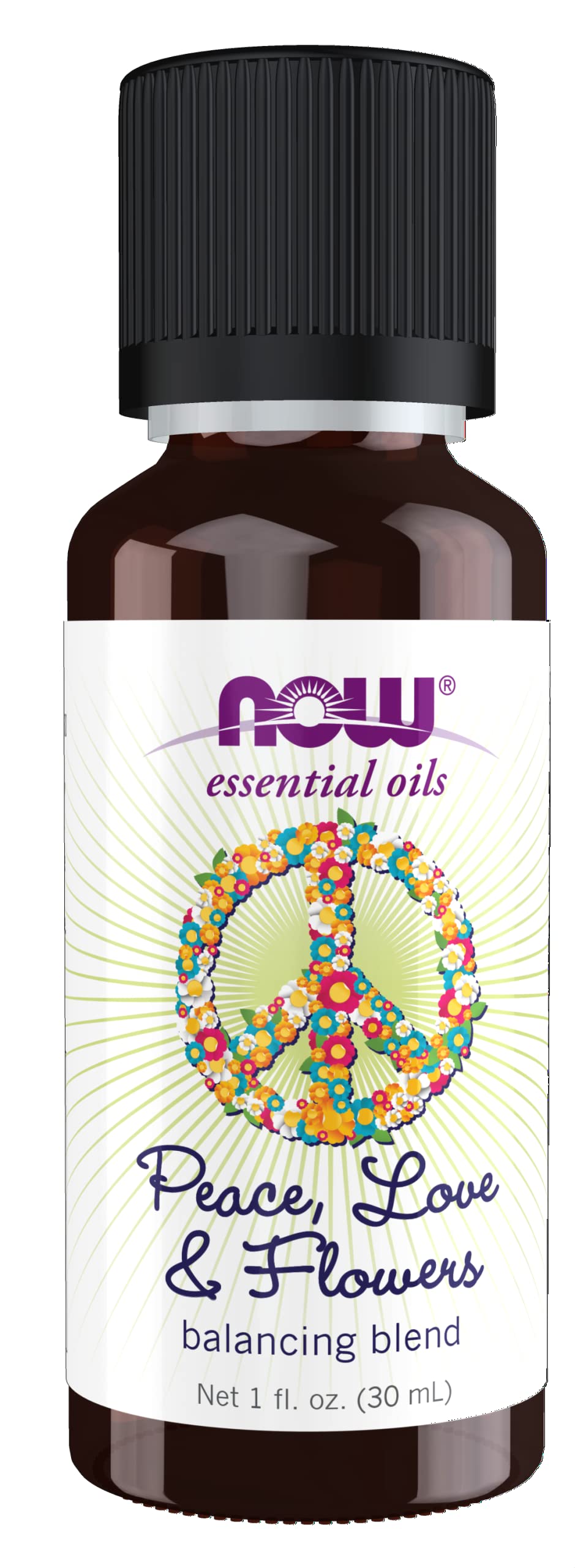 NOW Foods Peace Love and Flowers essential oil bottle 1 oz label
