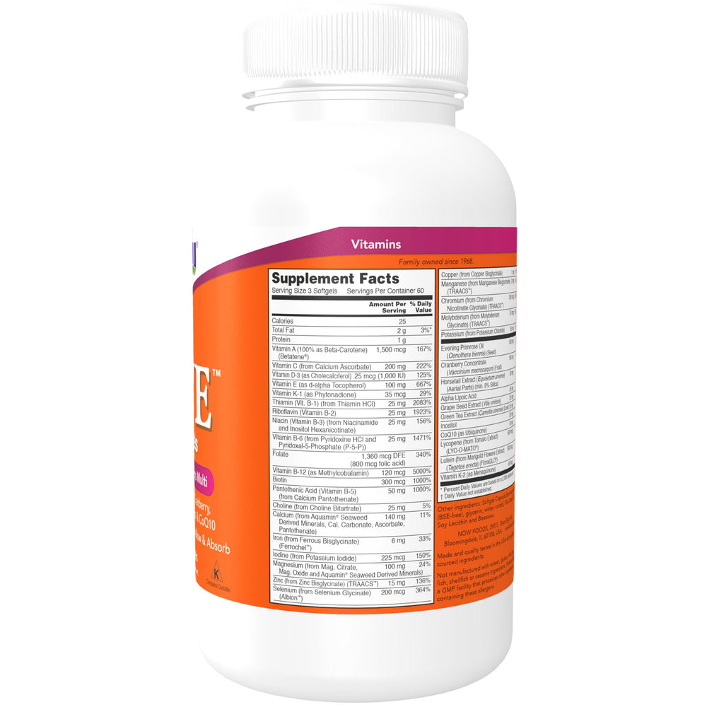 Supplement facts panel and key ingredients: Evening Primrose, Cranberry, Green Tea, Horsetail Silica, CoQ10