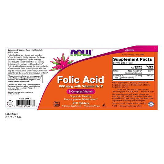 Close-up of NOW Foods Folic Acid 800 mcg label