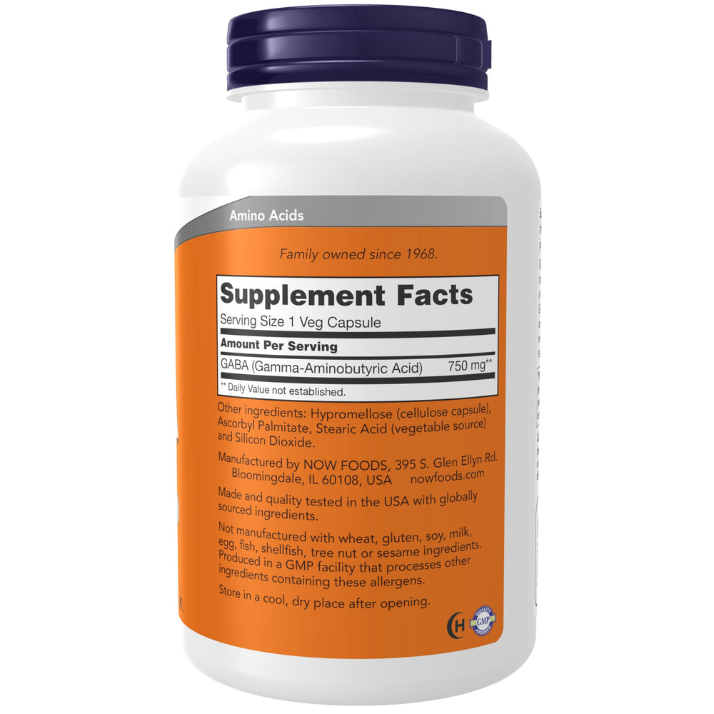 NOW Foods GABA 750mg capsules in bottle