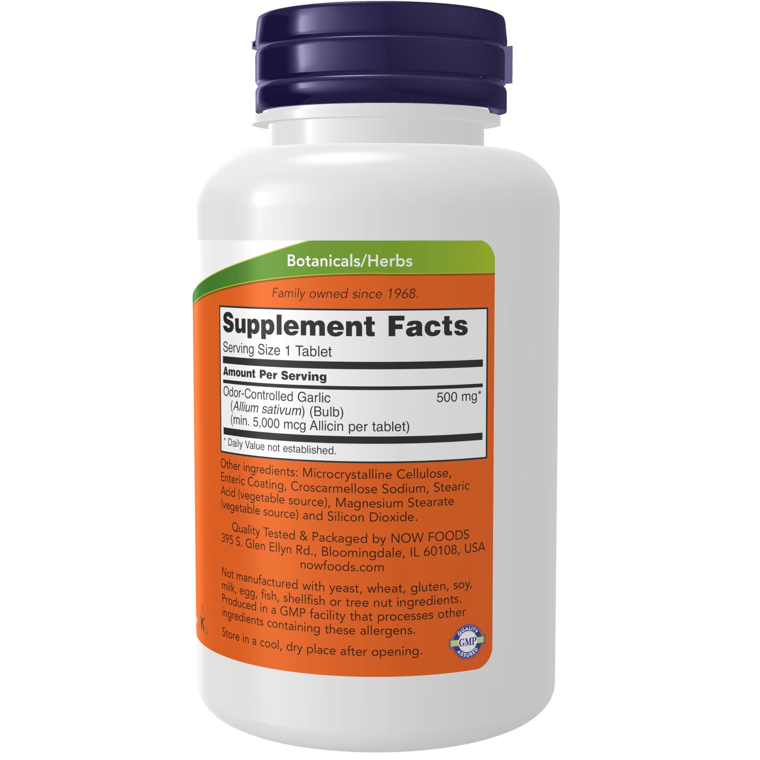 NOW Foods Garlic 5,000 mcg enteric-coated tablets bottle side/back label view