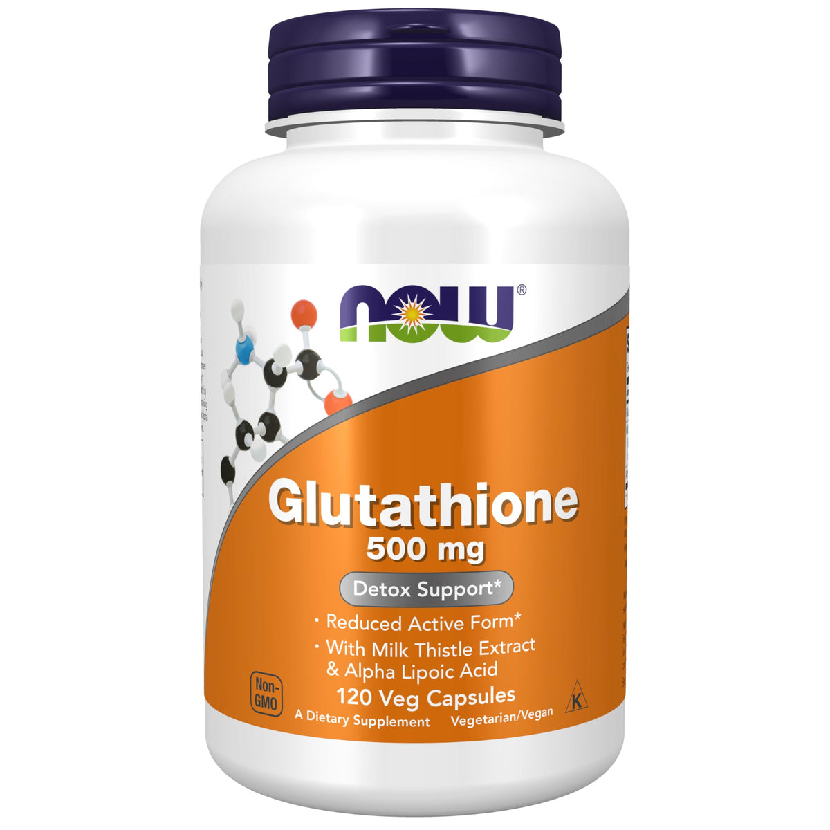 NOW Foods Glutathione 500 mg bottle with Milk Thistle and Alpha Lipoic Acid label